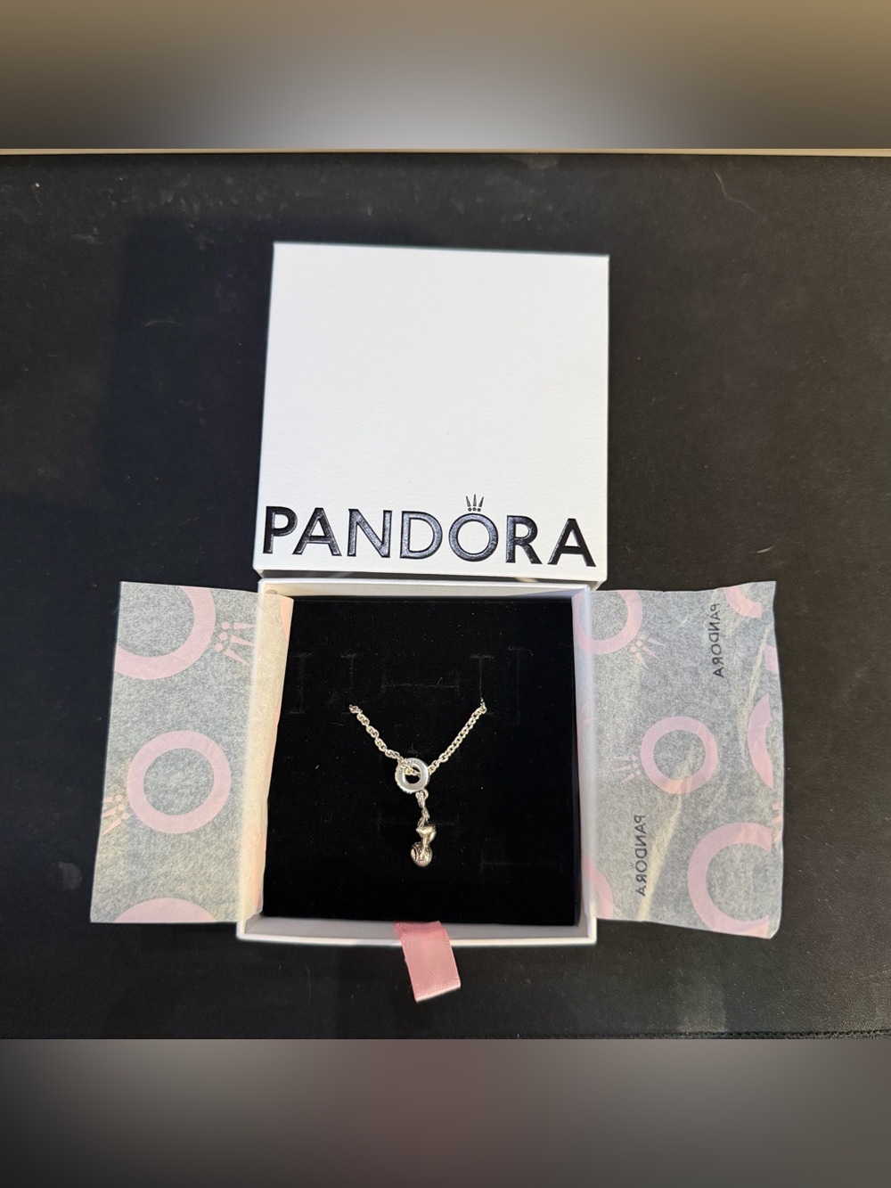 Pandora Silver Necklace with Heart and Drop Charm - Silver and Pink Accents